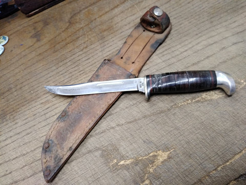 Vtg Case XX USA Fixed Blade Knife Stacked Leather Handle 9" with Leather Sheath
