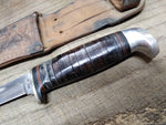 Vtg Case XX USA Fixed Blade Knife Stacked Leather Handle 9" with Leather Sheath