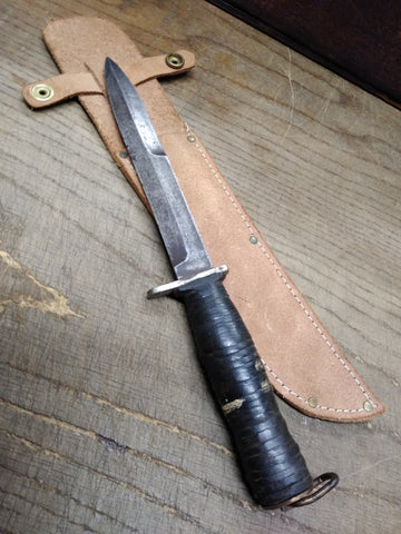 Vtg WW2 Fixed Blade Combat Knife 7" Blade Stacked Leather Handle Leather Sheath