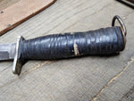 Vtg WW2 Fixed Blade Combat Knife 7" Blade Stacked Leather Handle Leather Sheath