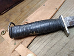 Vtg WW2 Fixed Blade Combat Knife 7" Blade Stacked Leather Handle Leather Sheath