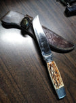 Vtg Colonial Fixed Blade Hunting Knife 5.5" Blade Metal Handle w/Olsen Sheath