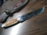 Vtg Colonial Fixed Blade Hunting Knife 5.5" Blade Metal Handle w/Olsen Sheath