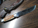 Vtg Colonial Fixed Blade Hunting Knife 5.5" Blade Metal Handle w/Olsen Sheath