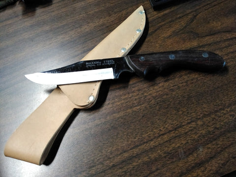 Vtg Maxam Steel 420 Stainless Fixed Blade Hunting Knife 5.75" Wood Handle Sheath