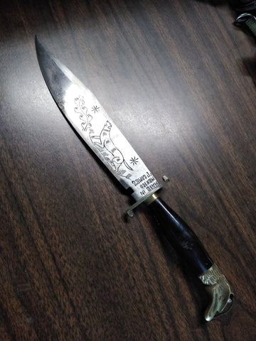 Vtg T Gomez Fixed Blade Bowie Knife Hand Engraved Eagle Pommel 12.5" Mexico Nice