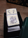 Vtg 1998 Zippo Lighter Scrimshaw Sailing Ship and Lighthouse 2 Sided USA w/Box!