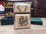 Vtg 1998 Zippo Lighter Scrimshaw Sailing Ship and Lighthouse 2 Sided USA w/Box!