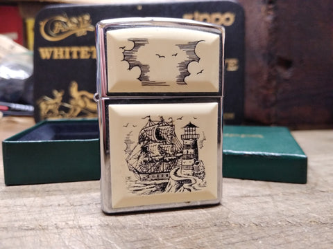 Vtg 1998 Zippo Lighter Scrimshaw Sailing Ship and Lighthouse 2 Sided USA w/Box!