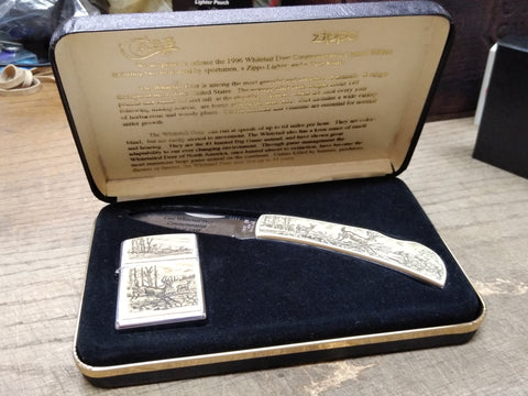 Vtg Never Used 1996 Zippo Lighter Case Knife Whitetail Deer Scrimshaw Set w/Box!