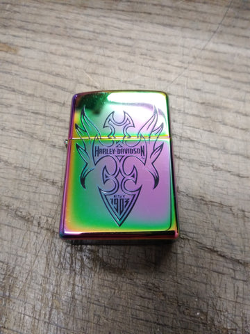 2005 Zippo Lighter Spectrum Finish Harley Davidson EST 1903 Flaming Shield Nice!