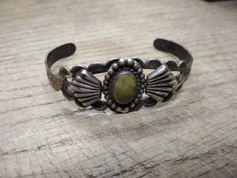 Vtg Coin Silver Cuff Bracelet Green Cabochon South West Signed TH 7.5" 14.4 gram