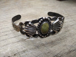 Vtg Coin Silver Cuff Bracelet Green Cabochon South West Signed TH 7.5" 14.4 gram