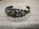 Vtg Coin Silver Cuff Bracelet Green Cabochon South West Signed TH 7.5" 14.4 gram