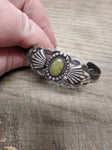 Vtg Coin Silver Cuff Bracelet Green Cabochon South West Signed TH 7.5" 14.4 gram