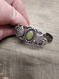 Vtg Coin Silver Cuff Bracelet Green Cabochon South West Signed TH 7.5" 14.4 gram