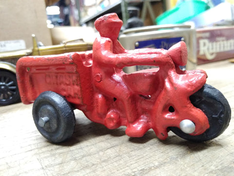 Vtg Cast Iron Red Chase Car Motorcycle Trike and Driver in Good Shape!