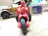 Vtg Cast Iron Red Chase Car Motorcycle Trike and Driver in Good Shape!