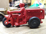 Vtg Cast Iron Red Chase Car Motorcycle Trike and Driver in Good Shape!