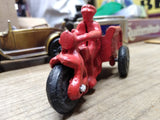 Vtg Cast Iron Red Chase Car Motorcycle Trike and Driver in Good Shape!