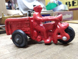 Vtg Cast Iron Red Chase Car Motorcycle Trike and Driver in Good Shape!