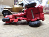 Vtg Cast Iron Red Chase Car Motorcycle Trike and Driver in Good Shape!