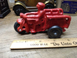 Vtg Cast Iron Red Chase Car Motorcycle Trike and Driver in Good Shape!