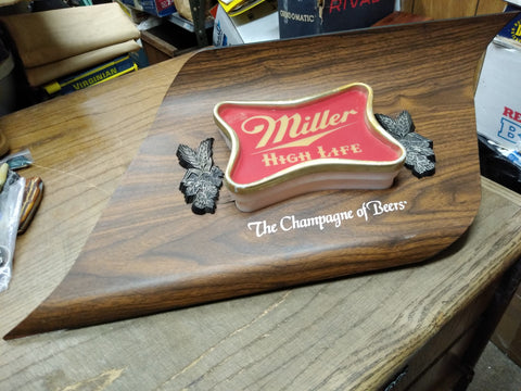 Vtg Miller High Life Champaign Of Bottled Beers Lighted Wood Grain Sign 25"x12"