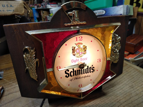 Vtg Schmidt's Light Beer Of Philadelphia Lighted Wood Grain Clock Sign 10" x 9"