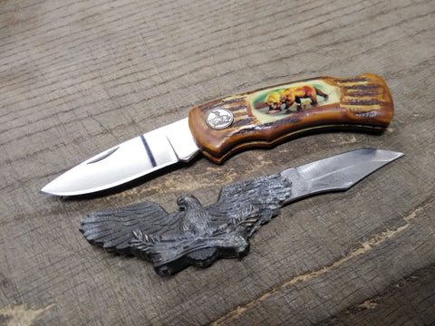 Vtg 2 Piece Pocket Knife Lot Wild Outdoors Brown Bear + Fury Eagle Figural