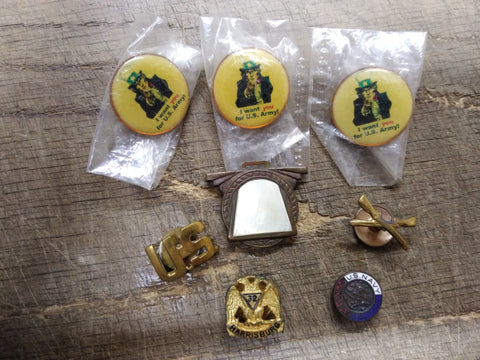 Vtg 8 Pc Lapel Hat Pin Lot 32 Masonic Navy Honorable Discharge I Want You Army++