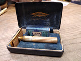 Vtg Gillette Gold Tech Safety Razor w/Original Case and Paper Label Good Shape!