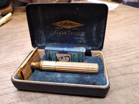 Vtg Gillette Gold Tech Safety Razor w/Original Case and Paper Label Good Shape!