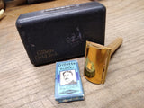 Vtg Gillette Gold Tech Safety Razor w/Original Case and Paper Label Good Shape!