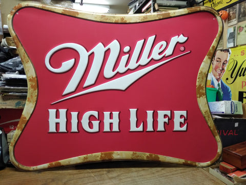 Large Miller High Life Beer Red White Metal Man Cave Bar Wall Sign 30 in x 23 in