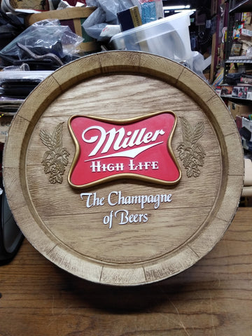Vtg Miller High Life The Champaign Of Beer Keg Barrel Top Wall Sign 15" x 4"