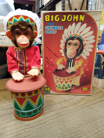 Vtg Metro Big John The Chimpee Chief Drumming Whistling Toy Repair Lot w/Box!