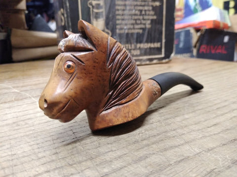Vtg Never Smoked Genuine Briar Hand Carved Horse Figural Bent Smoking Pipe Nice!