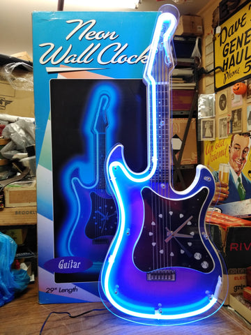 Vtg Blue Neon Light Guitar Clock Wall Hanging 29 Inches Working Clock Orig Box!