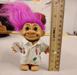 Vintage Russ Berrie Artist Painter Troll Doll Pink Hair w/ Palette & Beret 5"