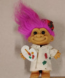 Vintage Russ Berrie Artist Painter Troll Doll Pink Hair w/ Palette & Beret 5"