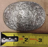 Vintage Silver Tone Western Belt Buckle Floral Scroll Engraved Oval