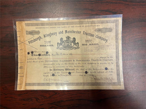 Vtg Antique Original 1889 Pittsburgh Allegheny & Manchester Company Shares Paper