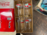 Coca Cola 1999 4 piece 8oz Glass Set With Coke Machine Tin Anchor Hoking