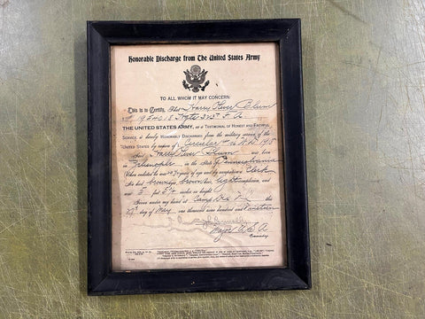 VTG Antique 1919 World War I United States Army Honorable Discharge Paper FRAMED