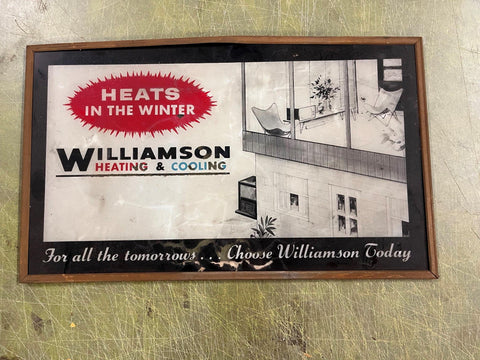 Vintage 1950s Williamson Heating And Cooling Glass Advertising Sign