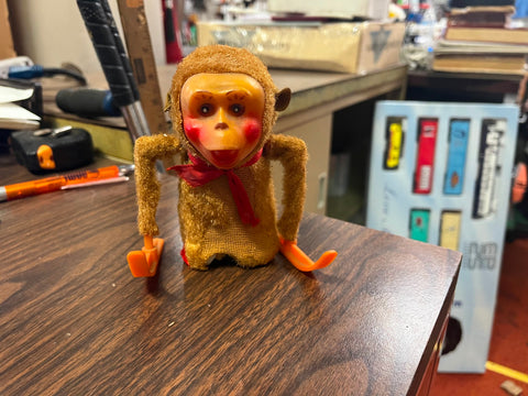 Vintage 1960s Japan Flocked Fur Windup Walking Monkey with Ski Toy