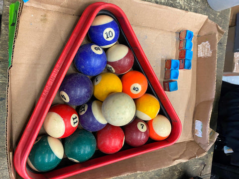 Vtg Billiard Pool Table Balls Set Triangles USA 1950's Chalk lot Accessories!