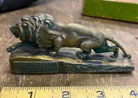 1919 EDWARD BERG Pharmacy Advertising Lion Paperweight Pgh Pa Vtg Sign Pittstbur