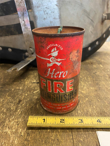 Hero Fire extinguisher Empty! cool tin Can Bostwick VTG Display Firefighter Coll